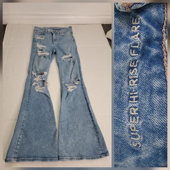American Eagle Outfitters Denim - AMERICAN EAGLE Flare Jeans SZ 6 Super High Rise Distressed Cross Waist Y2K 90s